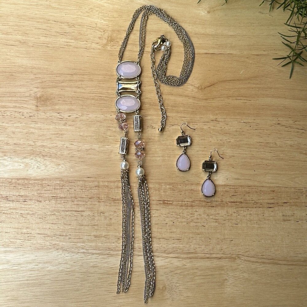 Vintage CHICO'S Necklace 23 Inch Earrings Two Tone Pale Pink Crystal Long Tassel